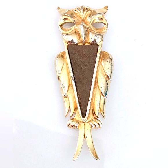 Vintage Goldtone Owl Brooch Leather Accent - Picture 2 of 9